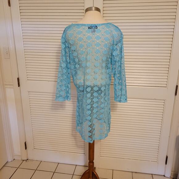 Porto Cruz Blue Crochet Swim Cover Up Dress XL Beach Layer Boho Sheer - Picture 2 of 7